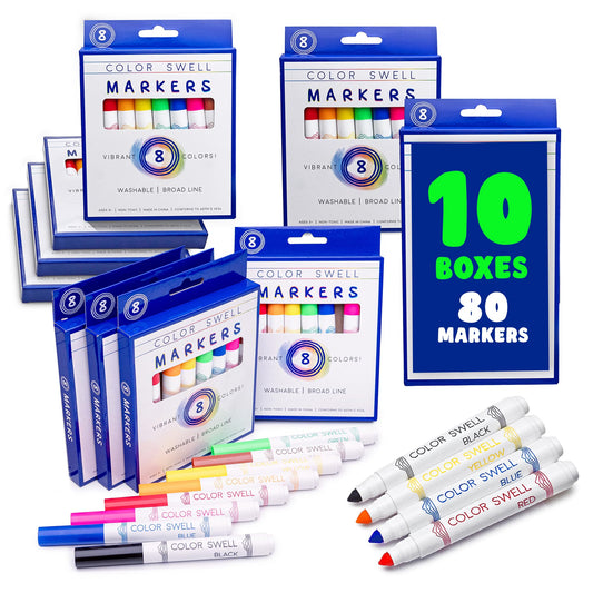Color Swell washable bulk markers in a 10-box front view, ideal for classrooms.
