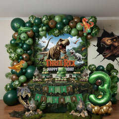 ColorToyz T-Rex balloon arch with dark greens adds jungle party flair.