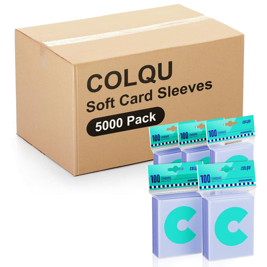COLQU 5000ct clear card sleeves pack protects trading cards from scratches and fading.