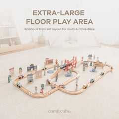 Comfy Cubs expandable layout with wooden tracks supports growing skills.