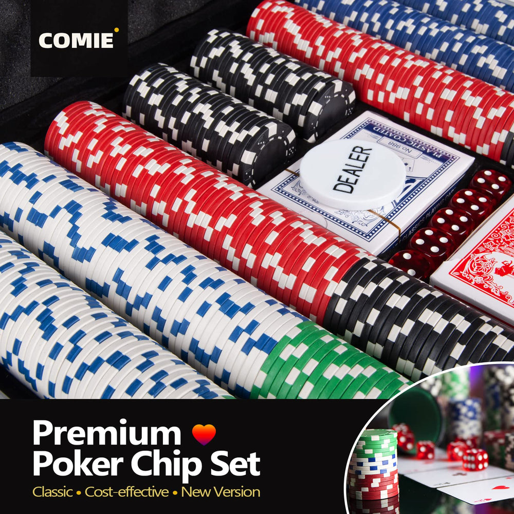 Comie set includes cards, dice, and a dealer button.