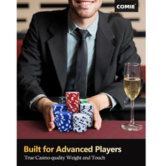 Comie poker chips set ideal for Texas Hold'em and blackjack at home.