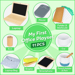 Commodum wooden pretend play office mouse beside laptop, inspiring storytelling and coordination.