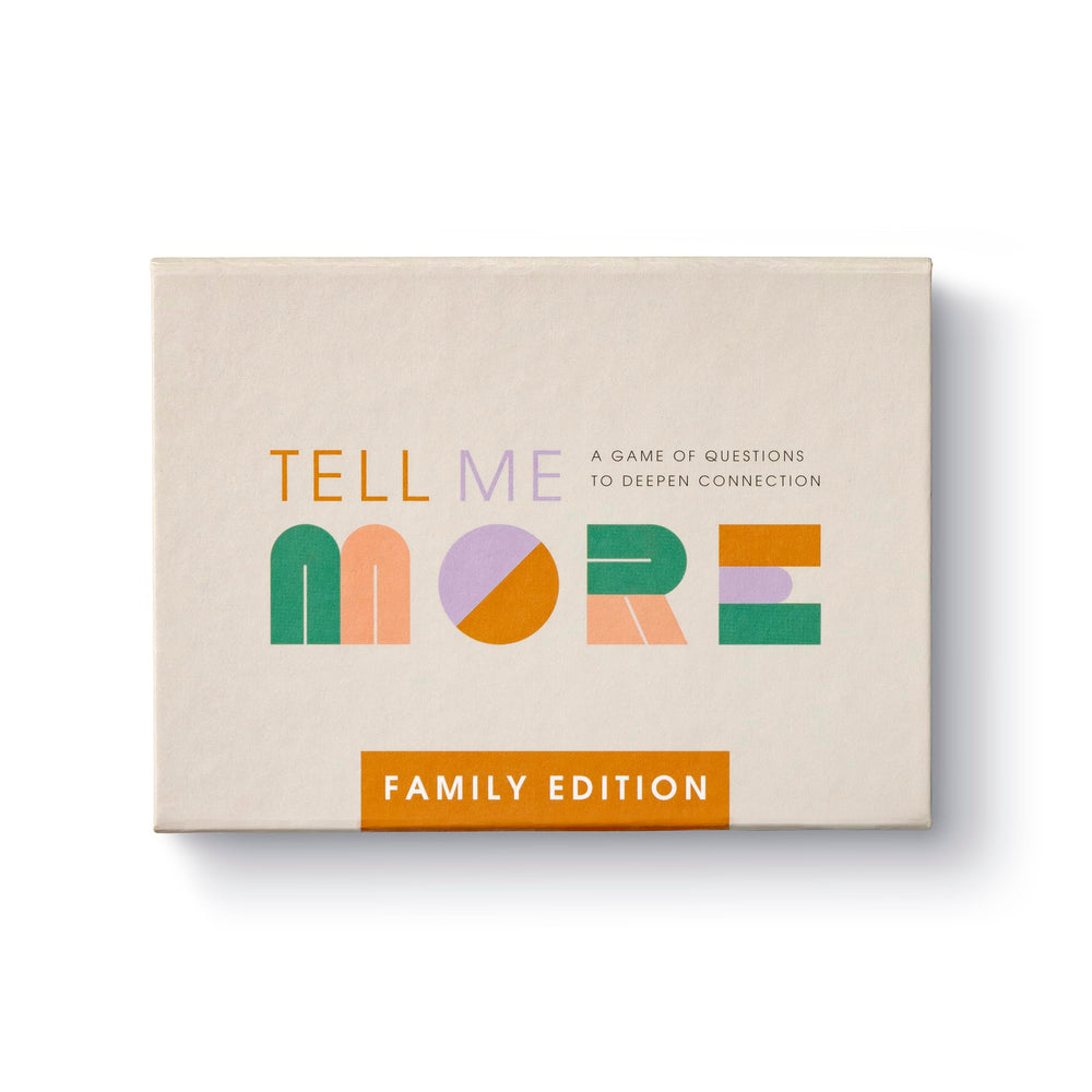 Compendium Tell Me More Family Edition card pack on the table sparks conversation.
