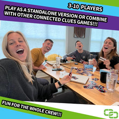 Friends enjoy Connected Clues game night setup for fun