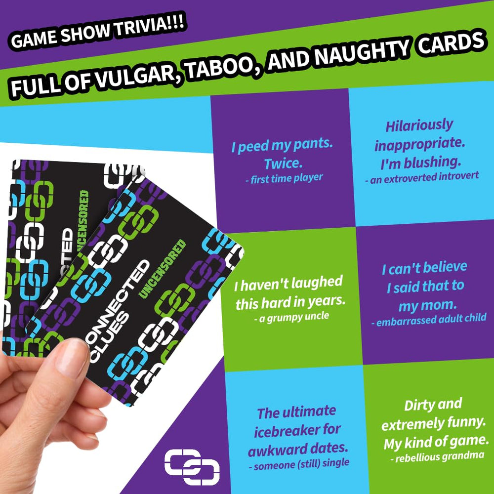 Close-up of Connected Clues Uncensored cards with edgy phrases for laughs