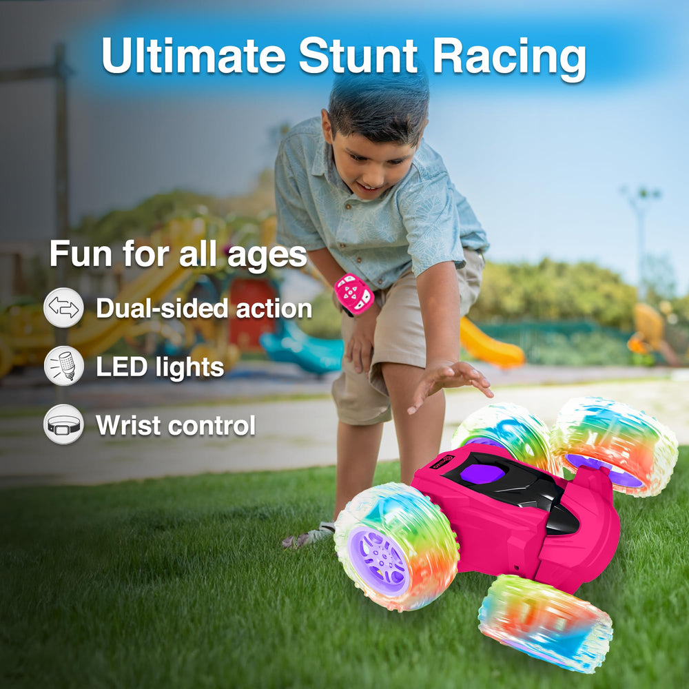 Contixo SC3 pink RC stunt car side view, easy steering for little hands.