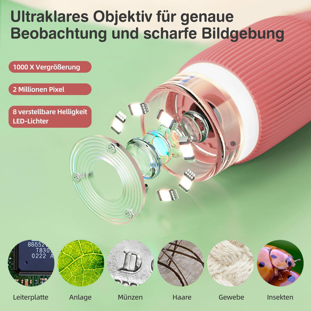 Eight LED ring light on Coobest microscope enhances color and clarity.