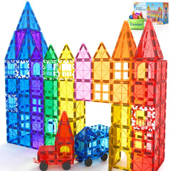 Coodoo 100pcs magnetic tiles set with vibrant shapes for imaginative building.