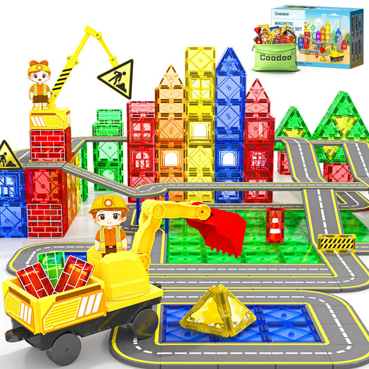 Coodoo road-building magnetic tiles provide a bright, engaging surface for imaginative construction.