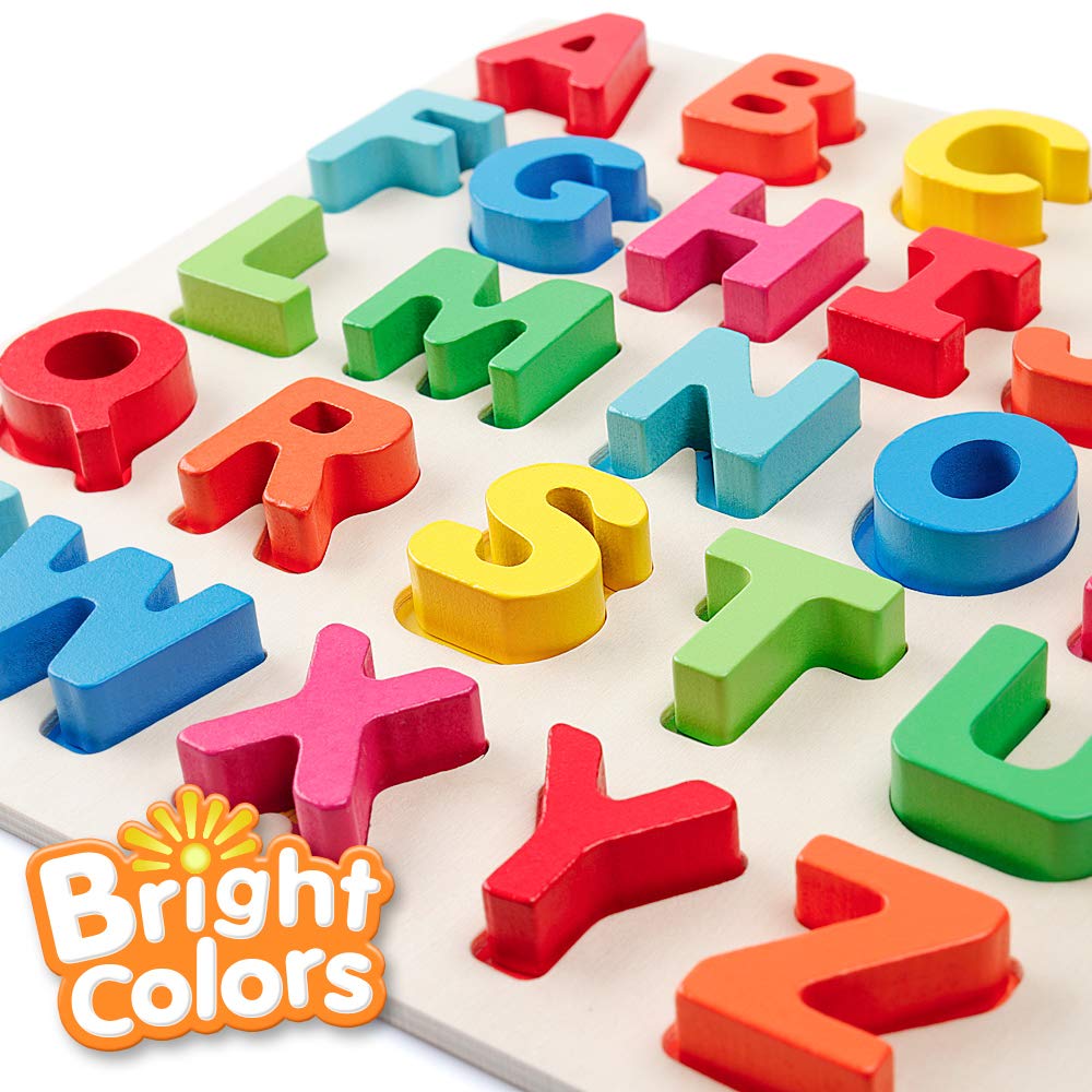 Coogam wooden ABC blocks arranged by color support spelling simple words.