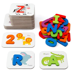 Coogam ABC wooden flash cards show letters with animals for early literacy practice.