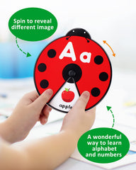 Coogam alphabet cards spin to show six related words, encouraging interactive letter learning.