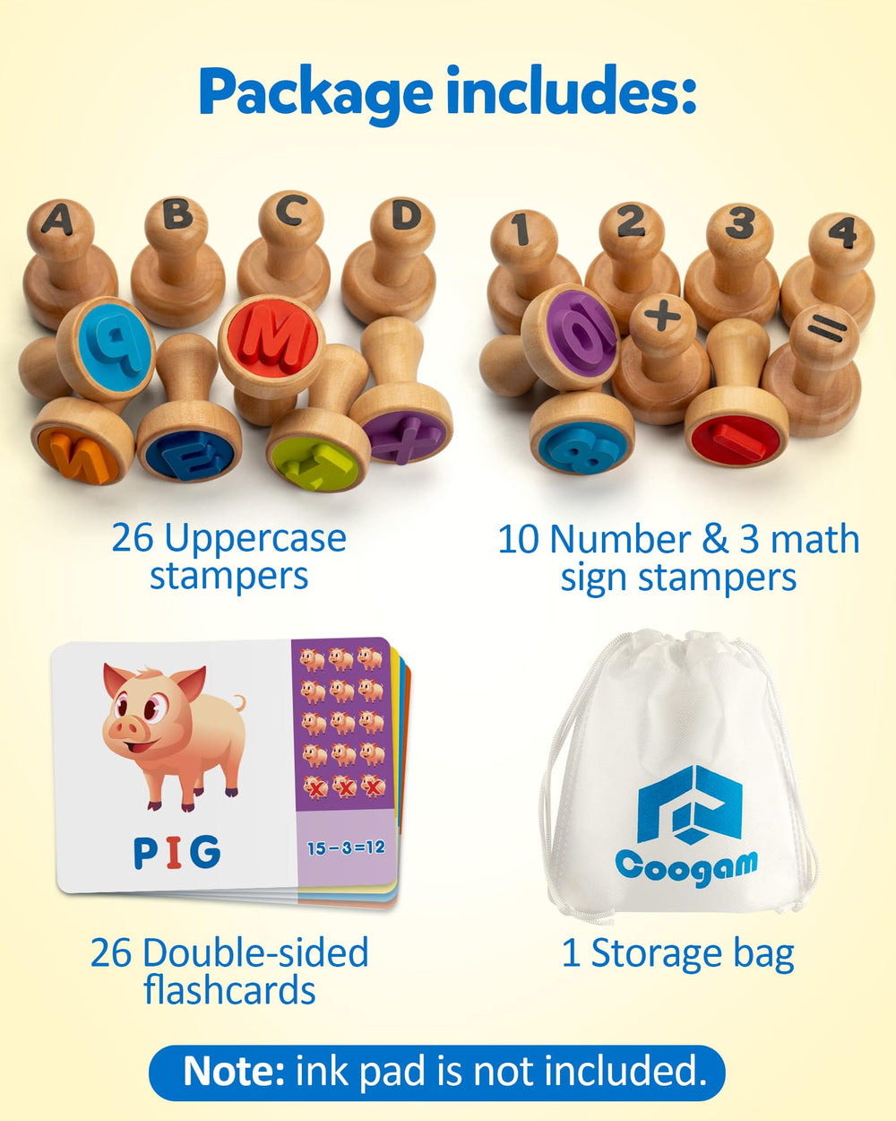 Coogam arithmetic sign stamps for hands-on problem exploration.