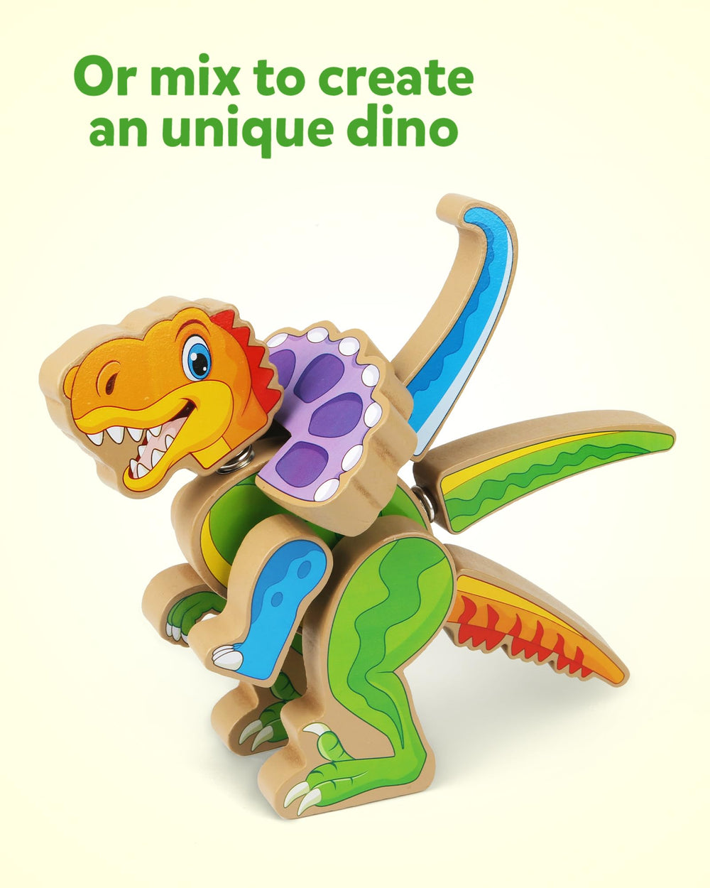 Coogam 32-piece wooden set with color-coded dinos supports imaginative construction.