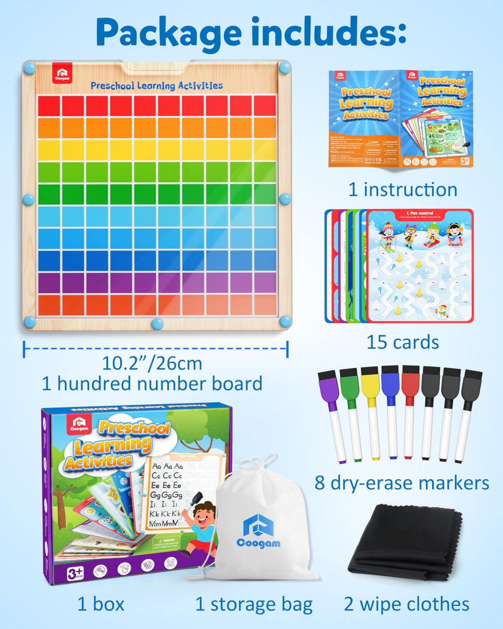 Coogam educational toy in use helps kids count to 100 and write letters.