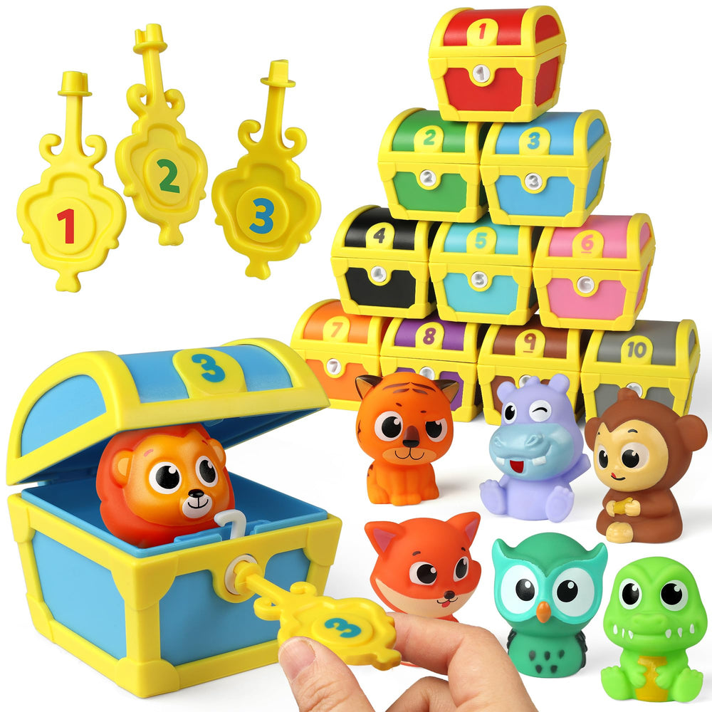 Coogam treasure boxes with numbered keys promoting early numeracy through hands-on exploration