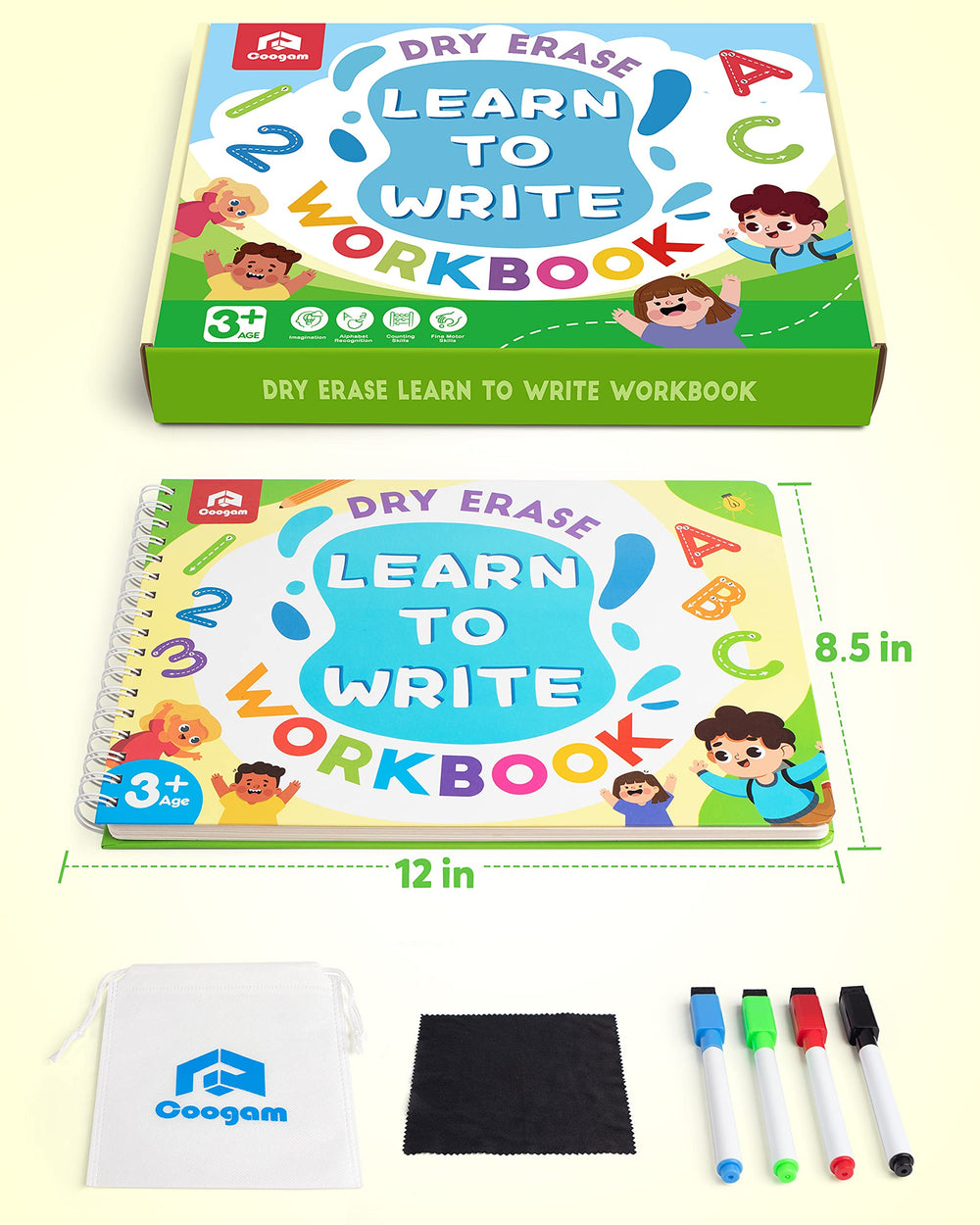 Coogam Learn to Write workbook inside box, a complete learning kit.