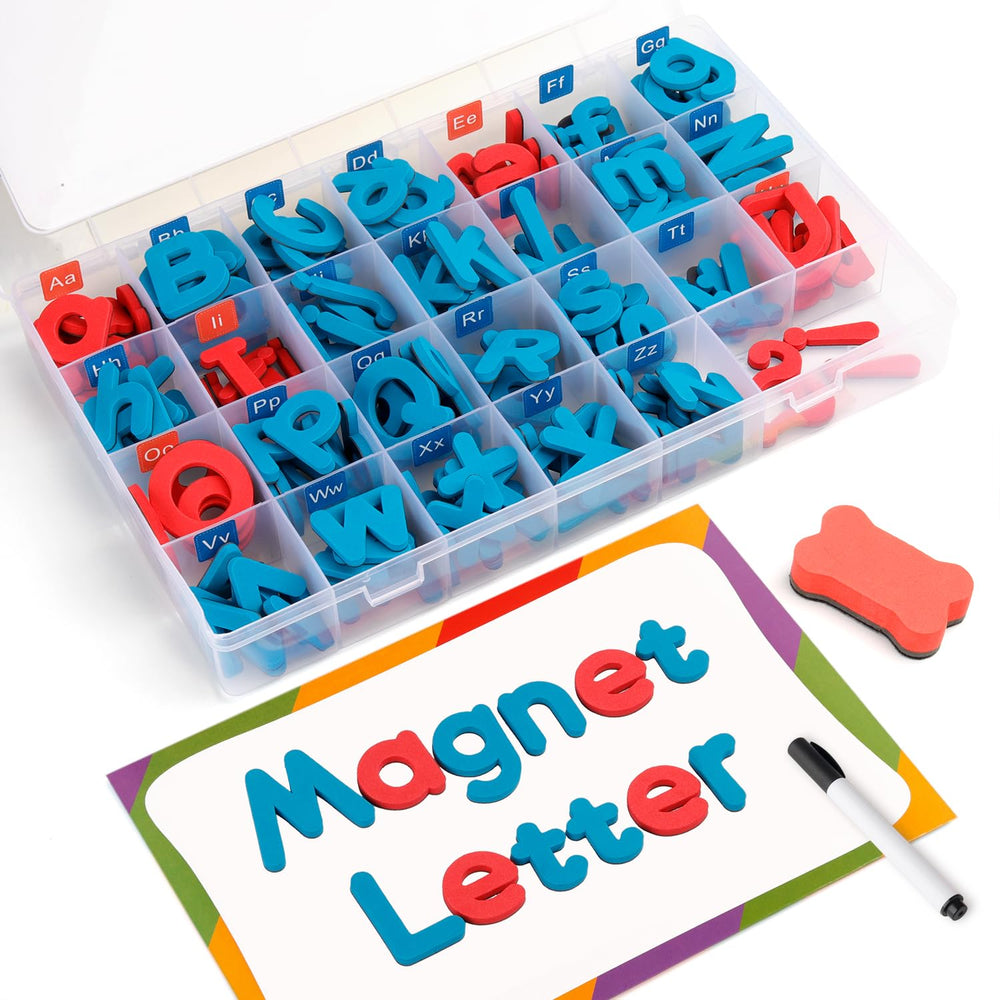 Coogam magnetic letters in red and blue on board for interactive spelling.