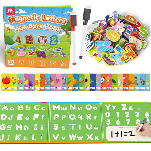 Coogam magnetic letters and numbers set on fridge for quick alphabet practice.
