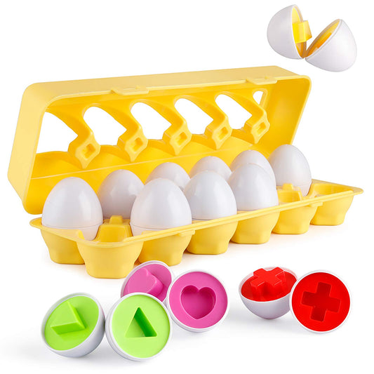 Coogam Matching Eggs showing vibrant interiors for color and shape recognition during play.