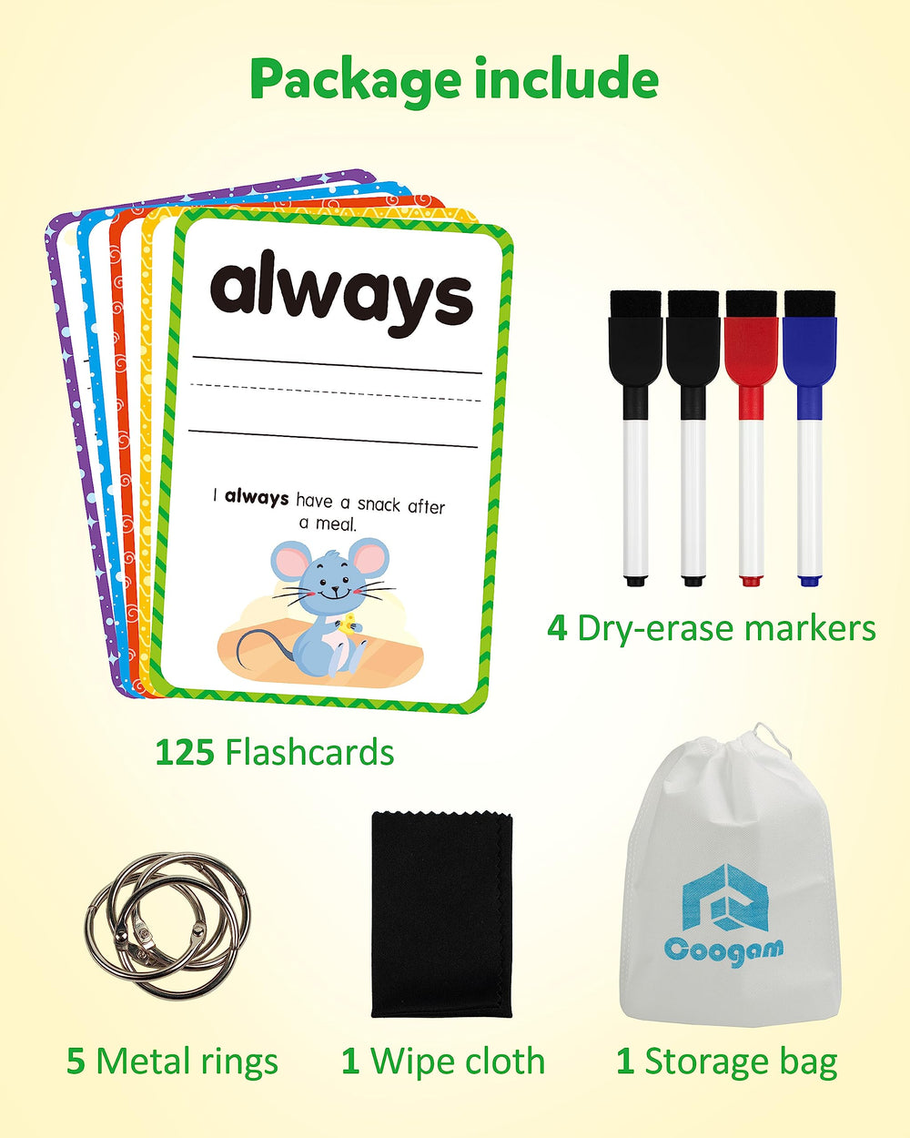 Coogam sight words flash cards storage-ring keeps cards tidy and organized