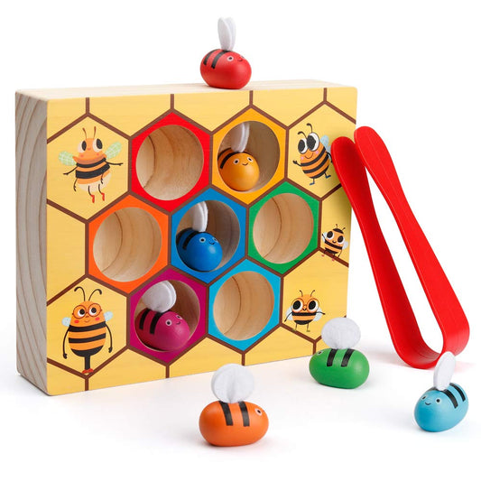 Coogam toddler bee-hive match game boosts fine motor skills and color recognition.