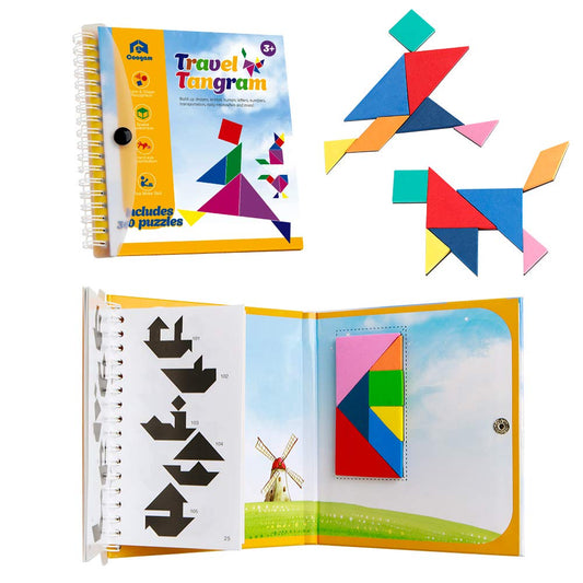 Coogam Travel Tangram puzzle cover with magnets for mess-free travel play.