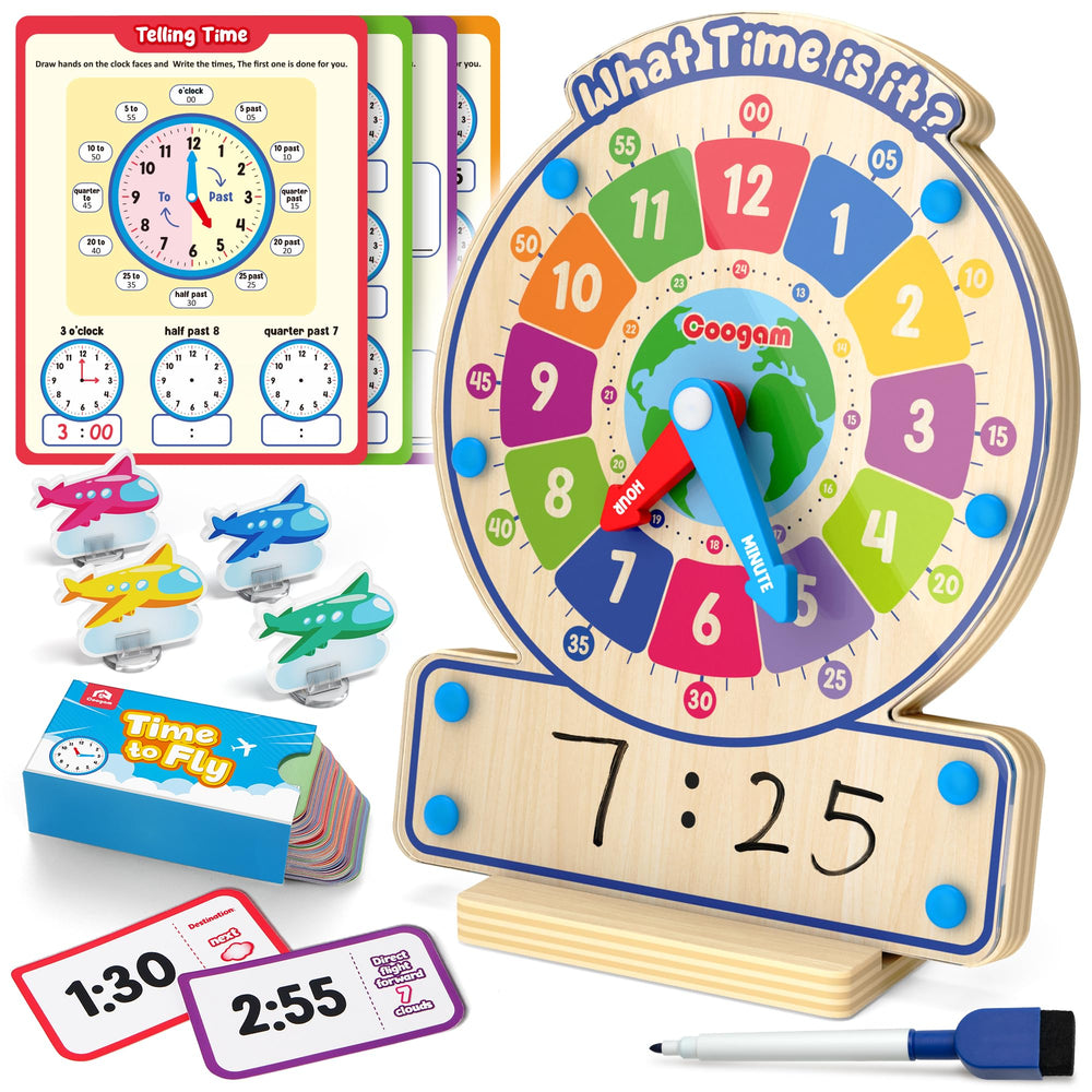 Coogam wooden clock with analog face helps kids learn time intuitively.