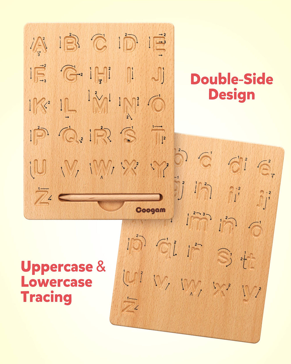 Coogam tracing board double-sided design with uppercase and lowercase aids letter recognition.