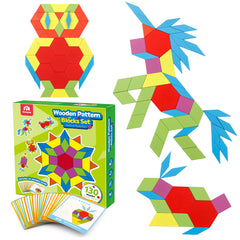 Coogam wooden pattern blocks (130-piece set) for creative pattern making and spatial play.