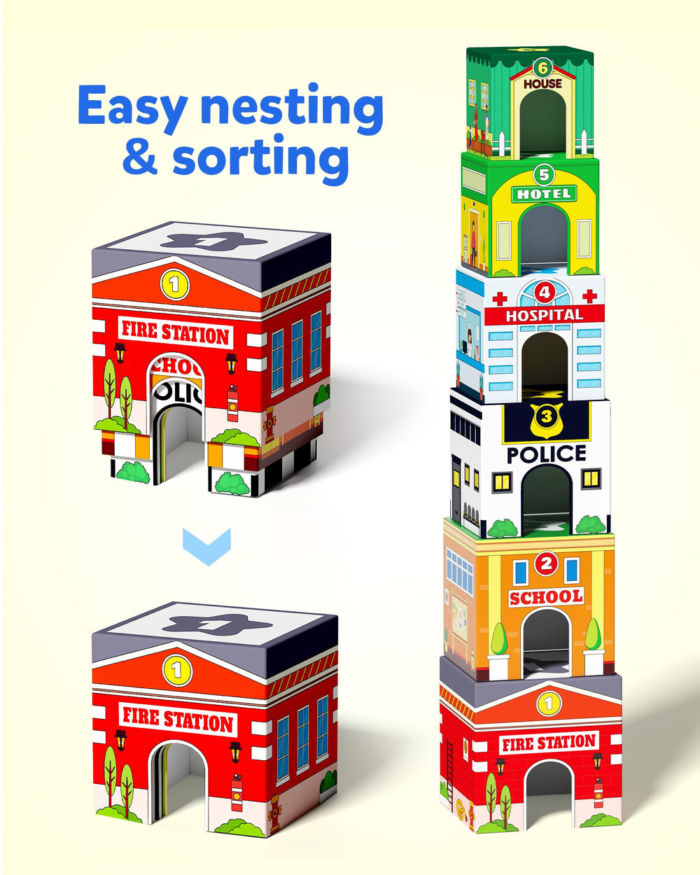 Coogam wooden human figures pair with buildings for imaginative role-play.