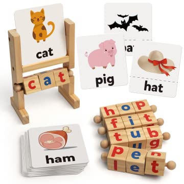 Coogam wooden reading blocks tray with rotating blocks for hands-on literacy practice