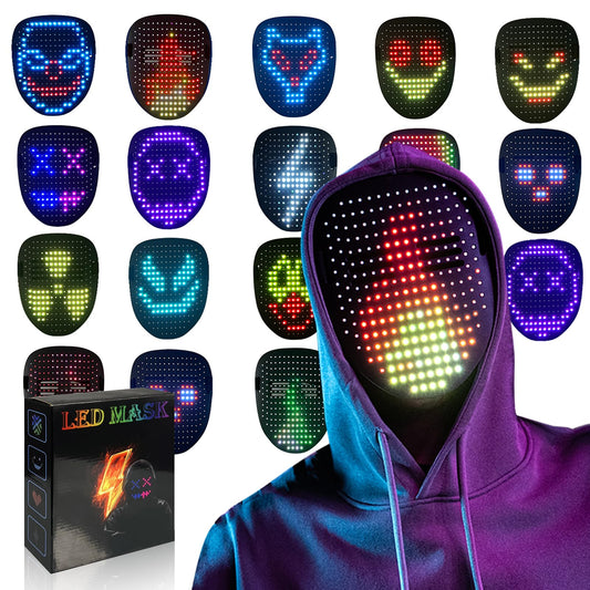 COOLGUARDER LED mask front view shows vivid light patterns for striking cosplay looks
