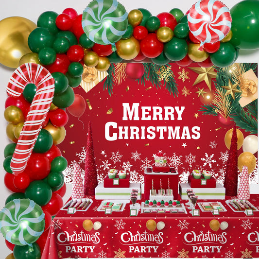 Coosilion Christmas balloon arch showcases vibrant red and green balloons for festive photo backdrops.