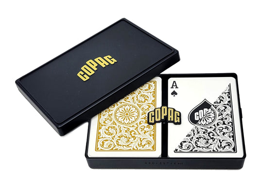 Copag 1546 Design deck in hard plastic case protects cards on the go.