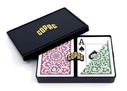 Copag 1546 design plastic playing cards in a green-burgundy case, built for lasting durability.