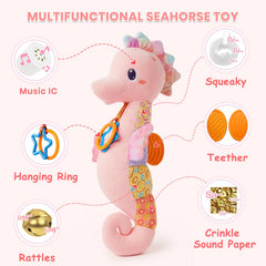 Coqin seahorse crinkle paper texture enhances tactile exploration for tummy time sessions.