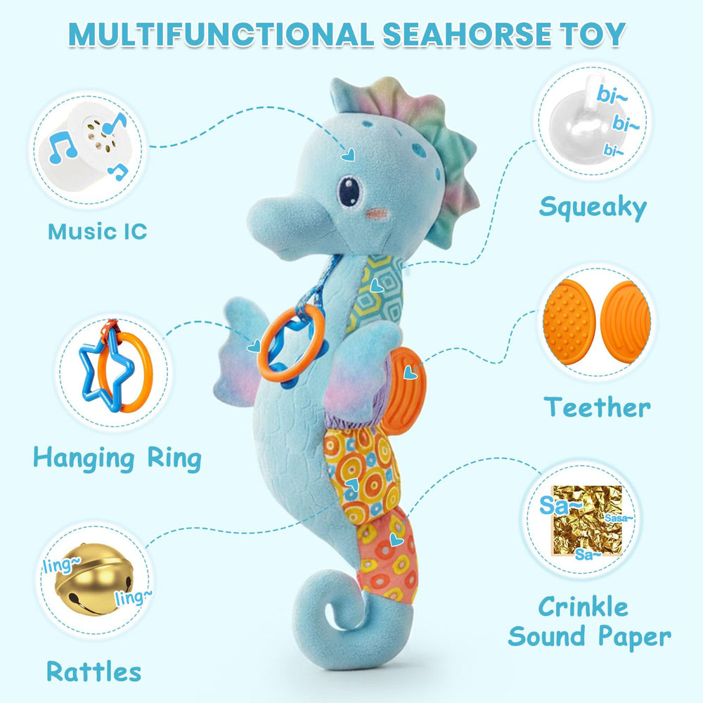 Coqin seahorse toy features crinkle texture to engage tactile senses.