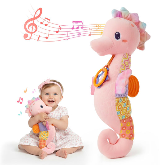 Coqin baby seahorse toy head with built-in melody soothes newborns during cuddles.