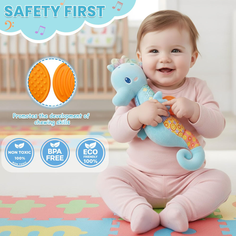 Coqin seahorse plush for soft tummy time play.