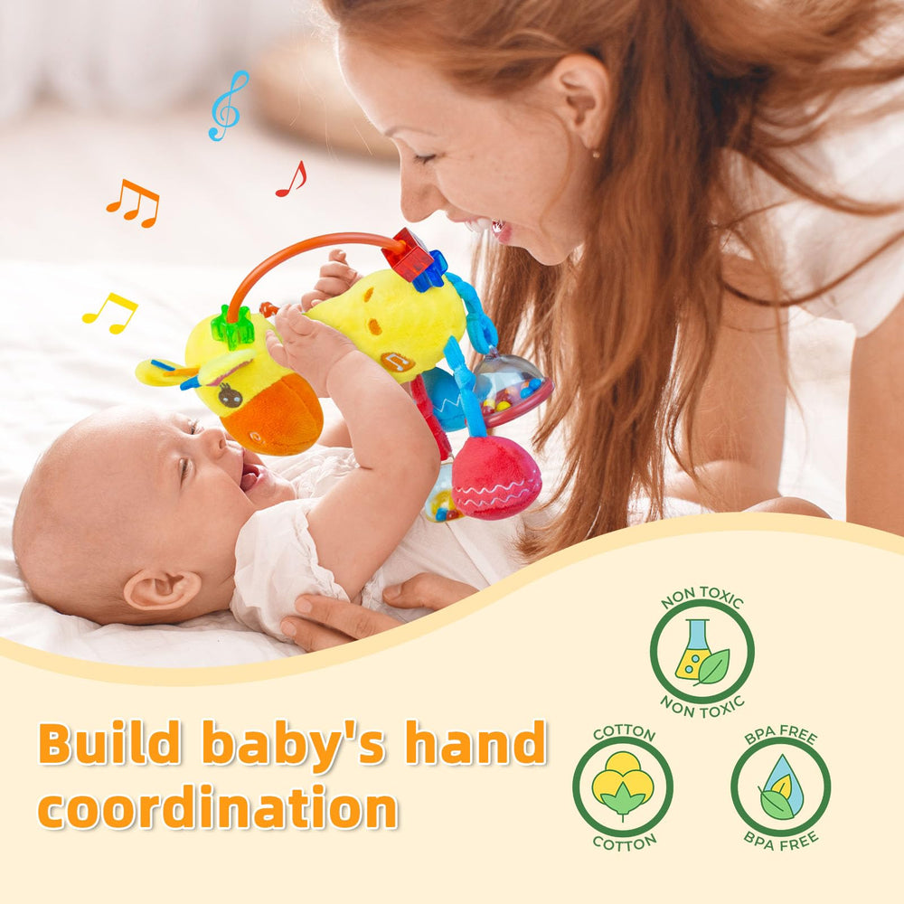 Coqin Giraffe plush with soft cotton fill offers gentle touch and safe newborn play