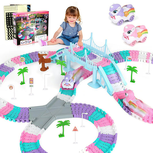 Coroiesty unicorn race tracks assembly for flexible, imaginative play