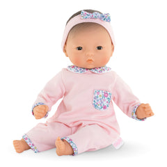 Corolle Bebe Calin Mila in pink pajama set, ideal for calming bedtime cuddles.