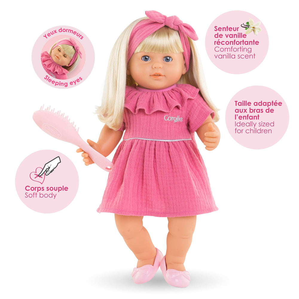 Corolle Jade pink pajama outfit enhances cuddle-ready styling.