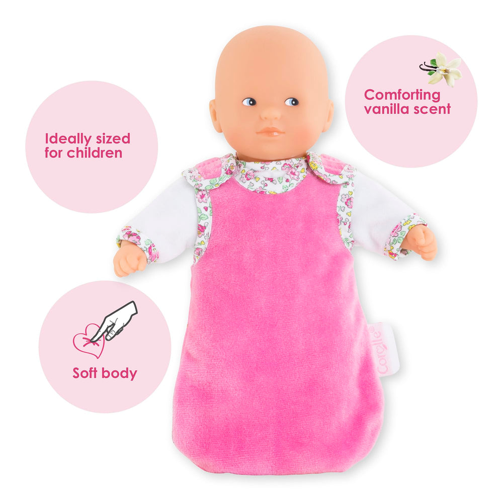 Close-up of Corolle pajama stitching and soft vinyl textures