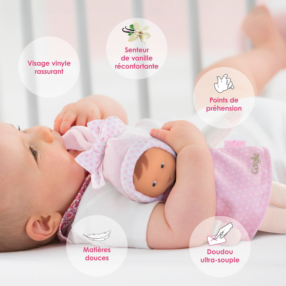 Corolle Miss Starry Dreams measures about 9.5 inches for small hands and travel.