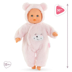 Corolle My First Cuddly Teddy Bear wearing pink pajama for cozy storytelling.
