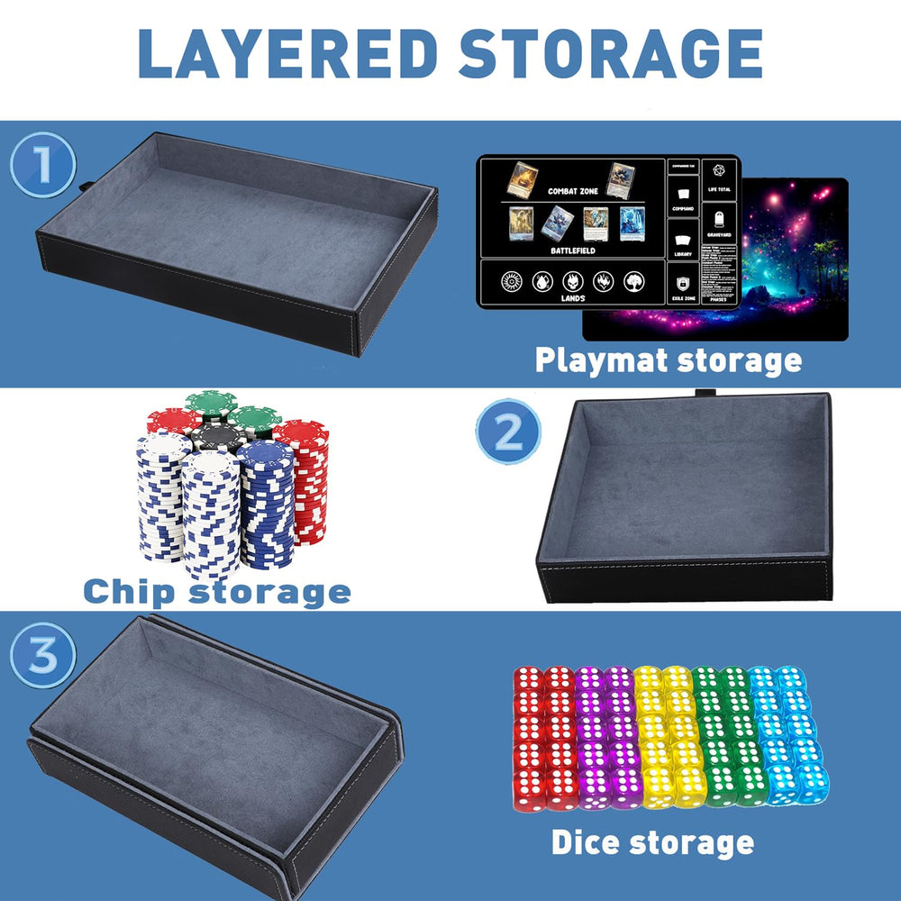 Cortile Magic playmat storage box neatly holds a mat beside decks