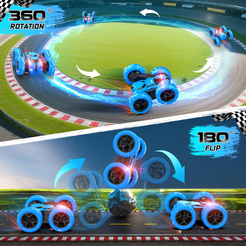 Cosone remote-control car blue in action on different surfaces.